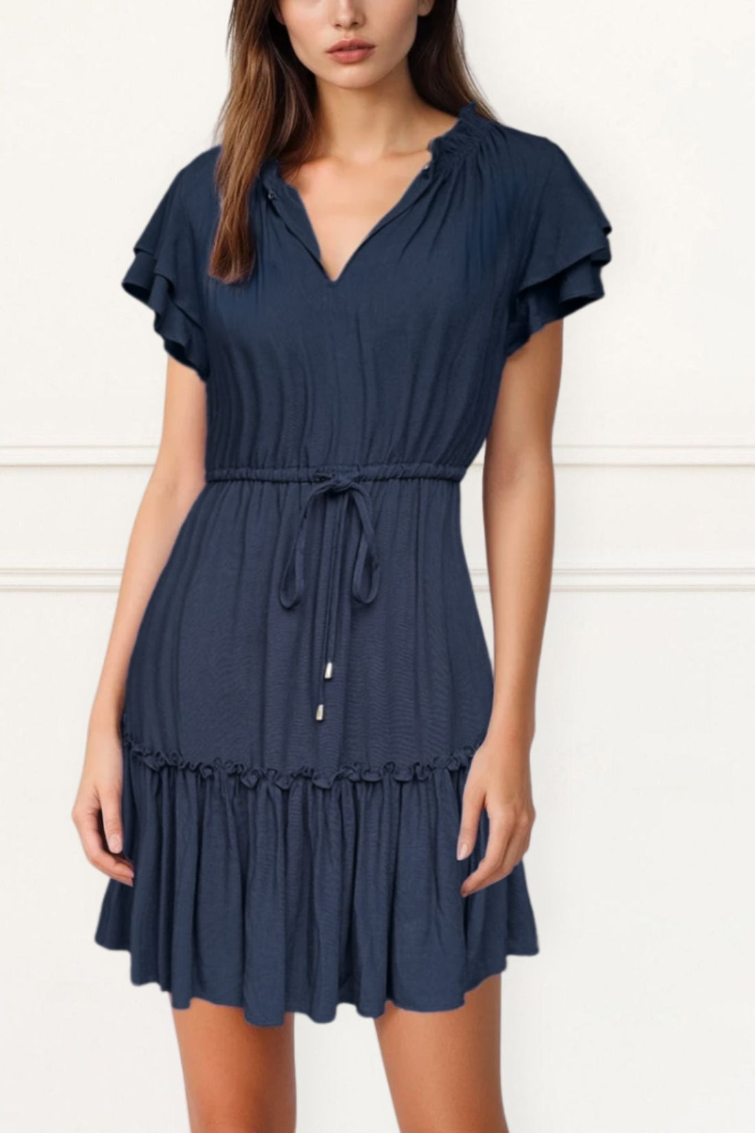 Mireille Short Dress Frilled Sleeves Tiered Tie Waist-0