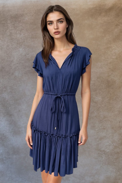 Mireille Short Dress Frilled Sleeves Tiered Tie Waist-3