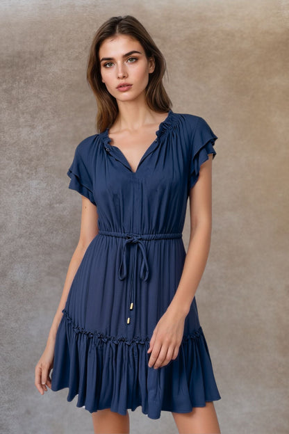 Mireille Short Dress Frilled Sleeves Tiered Tie Waist-2